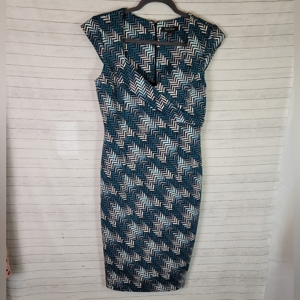 WHITE HOUSE BLACK MARKET TEAL HERRINGBONE GEO PRINT CAP SLEEVE SHIFT DRESS, SZ 8